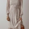 Online Dear-Lover Floral Print Shirred Ruffled Hem Square Neck Midi Dress White