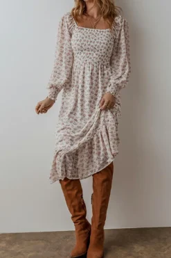 Online Dear-Lover Floral Print Shirred Ruffled Hem Square Neck Midi Dress White