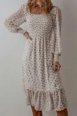 Online Dear-Lover Floral Print Shirred Ruffled Hem Square Neck Midi Dress White