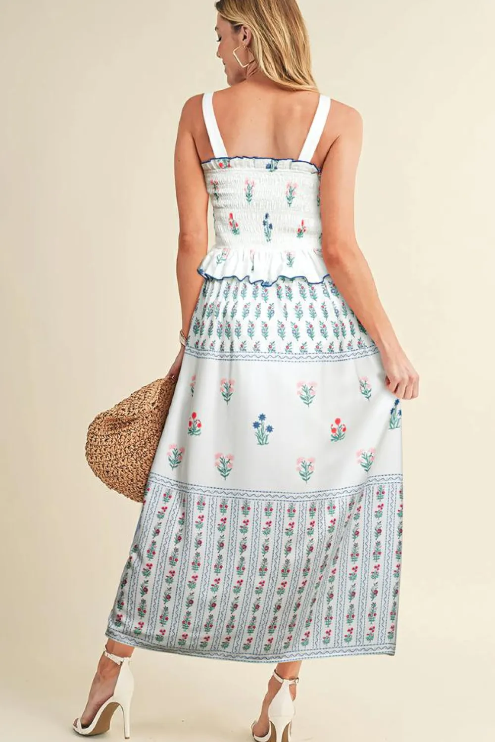 Discount Dear-Lover Floral Print Smocked Ruffled Sleeveless Maxi Dress White