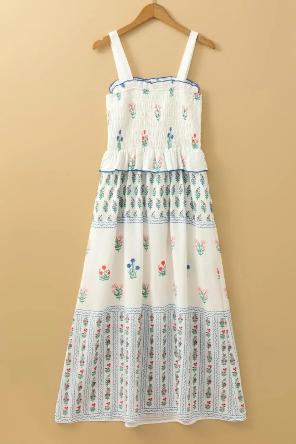 Discount Dear-Lover Floral Print Smocked Ruffled Sleeveless Maxi Dress White