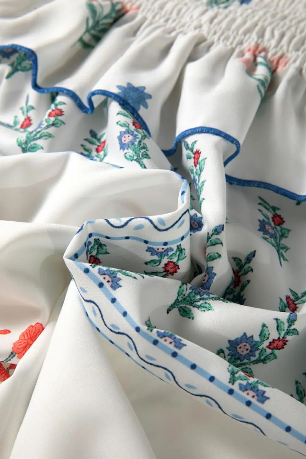 Discount Dear-Lover Floral Print Smocked Ruffled Sleeveless Maxi Dress White