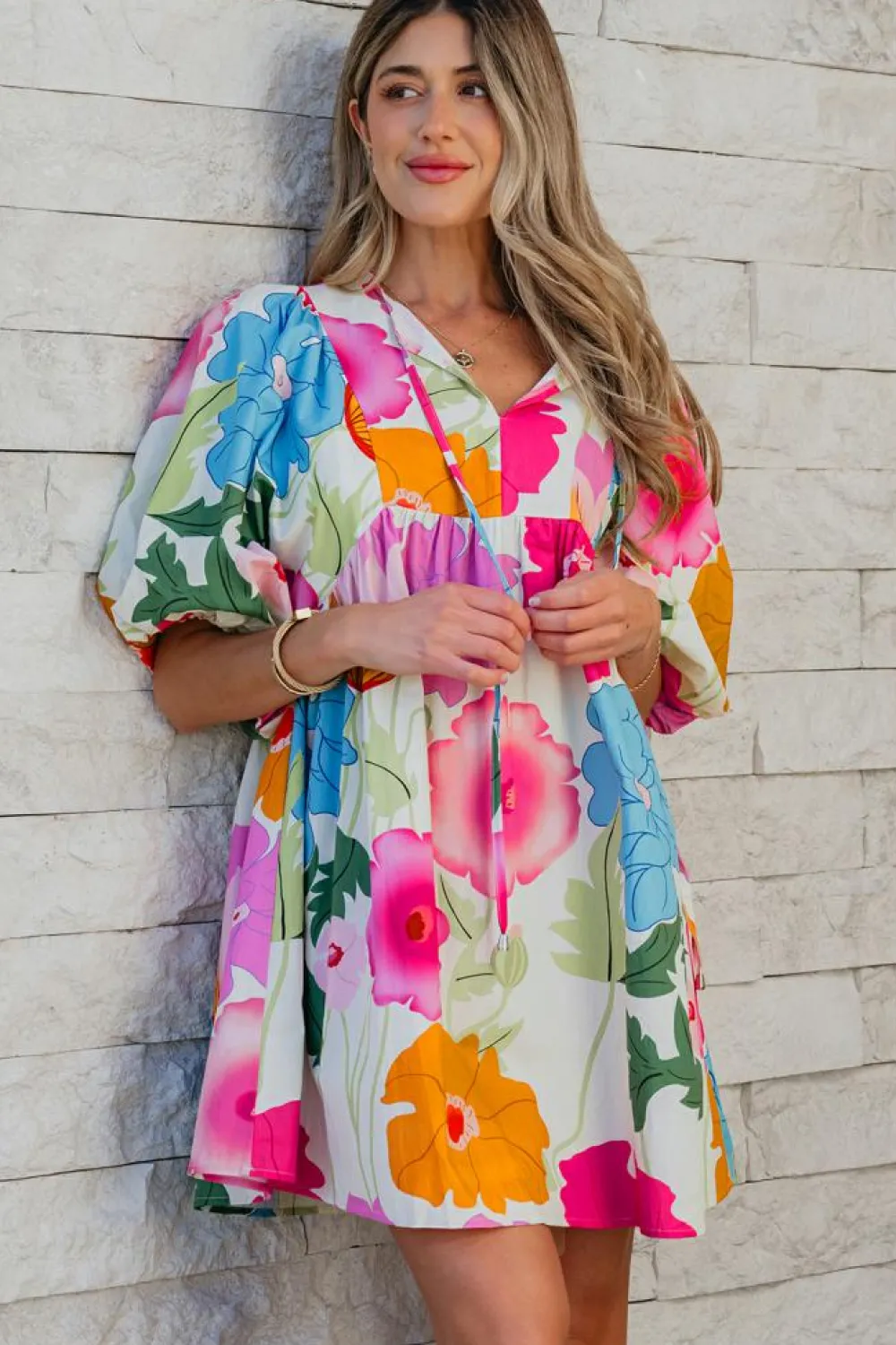 Online Dear-Lover Floral Print Split Neck Babydoll Dress White