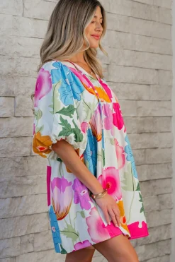 Online Dear-Lover Floral Print Split Neck Babydoll Dress White