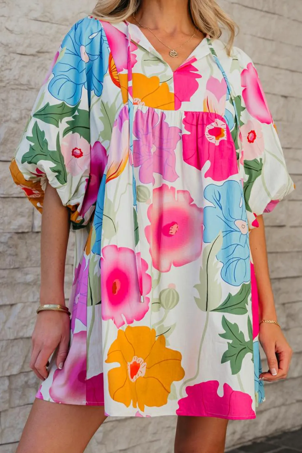 Online Dear-Lover Floral Print Split Neck Babydoll Dress White