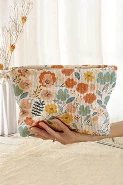 Best Dear-Lover Floral Print Zipper Corduroy Cosmetic Storage Bag White