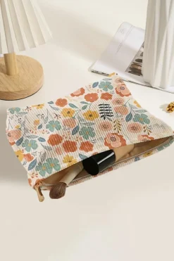 Best Dear-Lover Floral Print Zipper Corduroy Cosmetic Storage Bag White