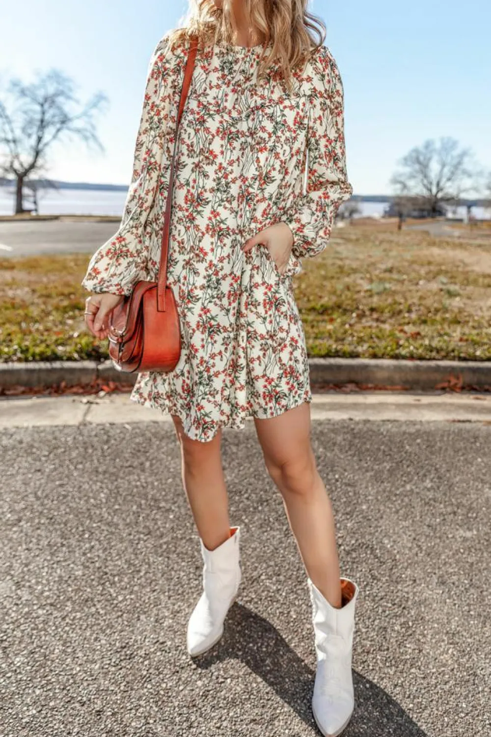 Sale Dear-Lover Floral Printed Long Sleeve Mini Dress White