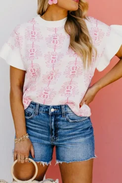 New Dear-Lover Floral Printed Ruffled Short Sleeve Sweater White