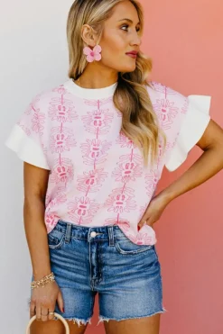 New Dear-Lover Floral Printed Ruffled Short Sleeve Sweater White