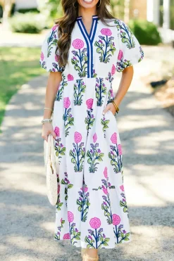 Fashion Dear-Lover Floral Puff Short Sleeve V Neck High Waist Maxi Dress White