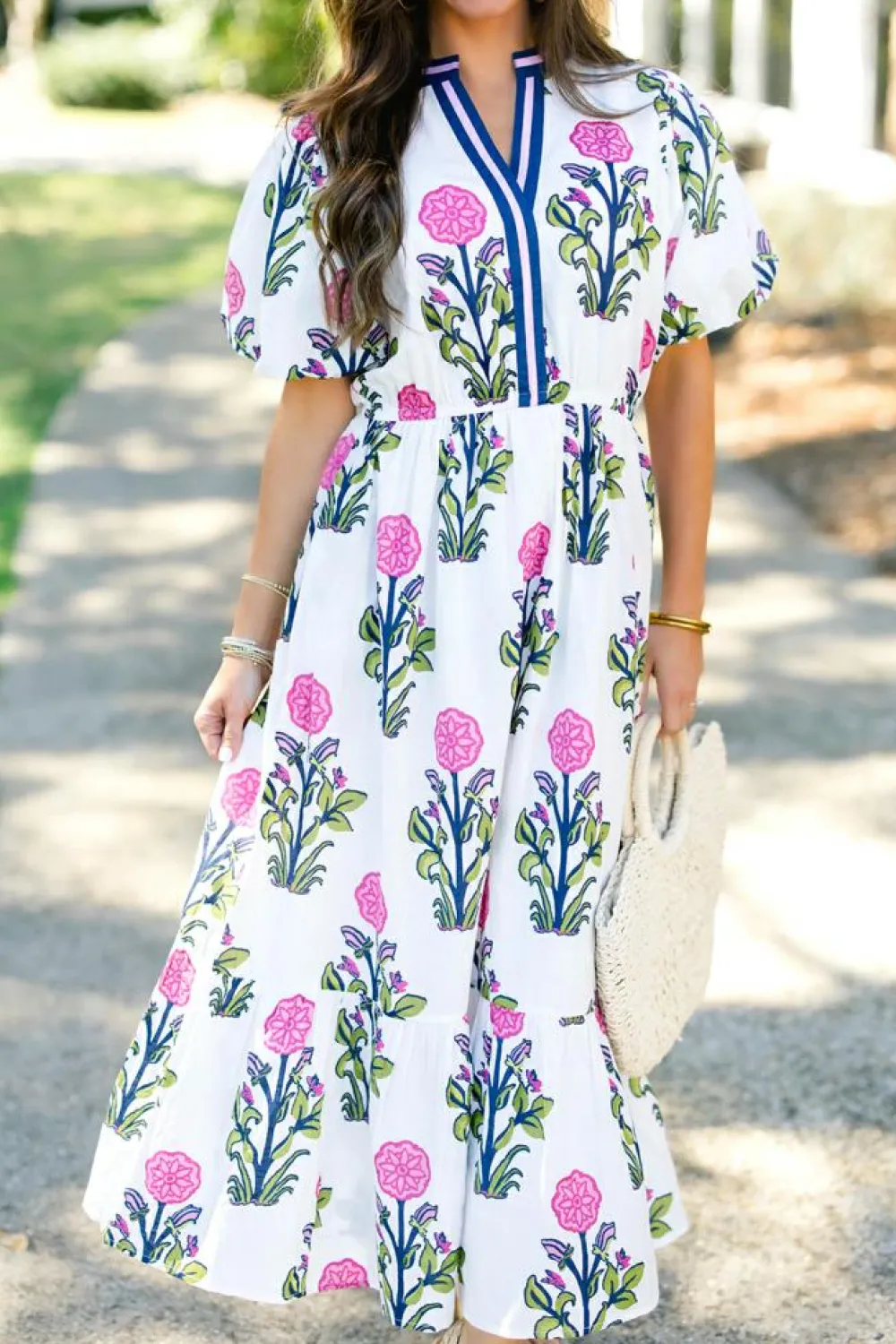 Fashion Dear-Lover Floral Puff Short Sleeve V Neck High Waist Maxi Dress White