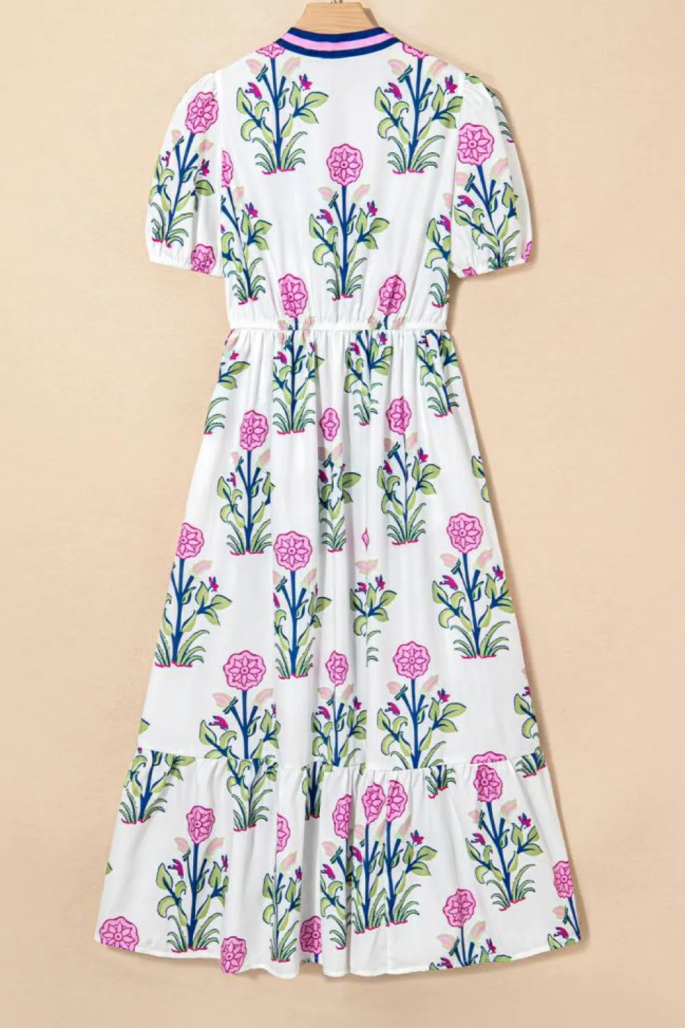 Fashion Dear-Lover Floral Puff Short Sleeve V Neck High Waist Maxi Dress White