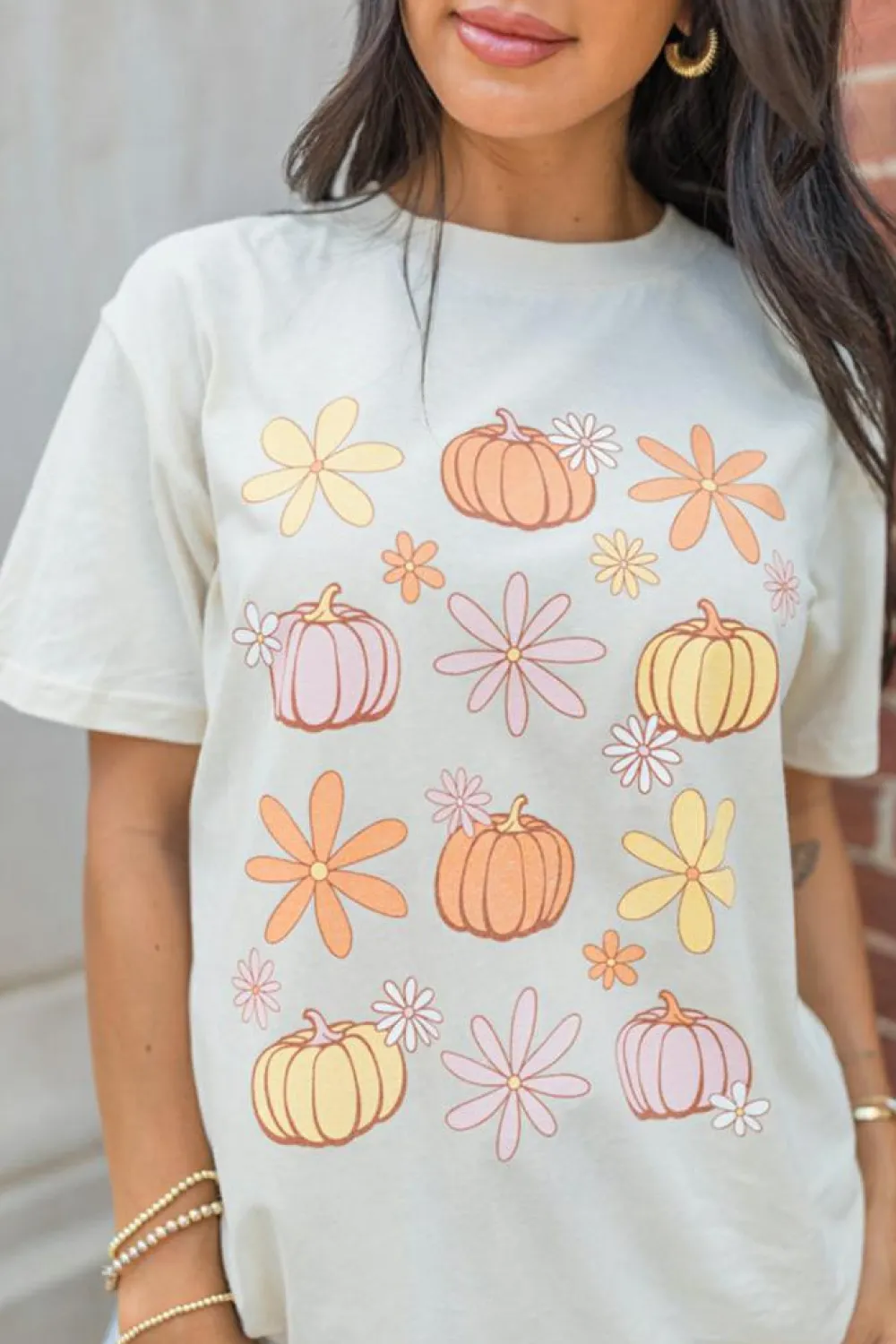 Online Dear-Lover Floral Pumpkin Graphic Crewneck Halloween T Shirt White