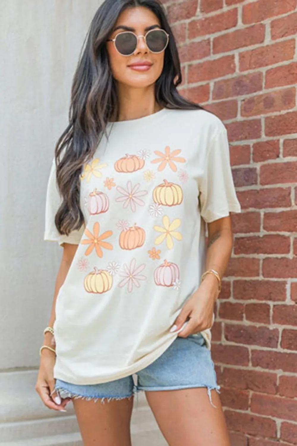 Online Dear-Lover Floral Pumpkin Graphic Crewneck Halloween T Shirt White
