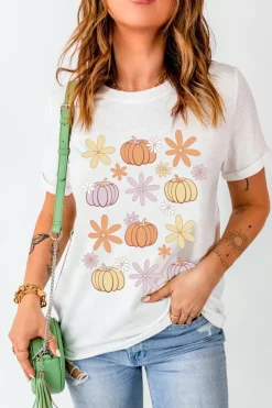 Online Dear-Lover Floral Pumpkin Graphic Crewneck Halloween T Shirt White