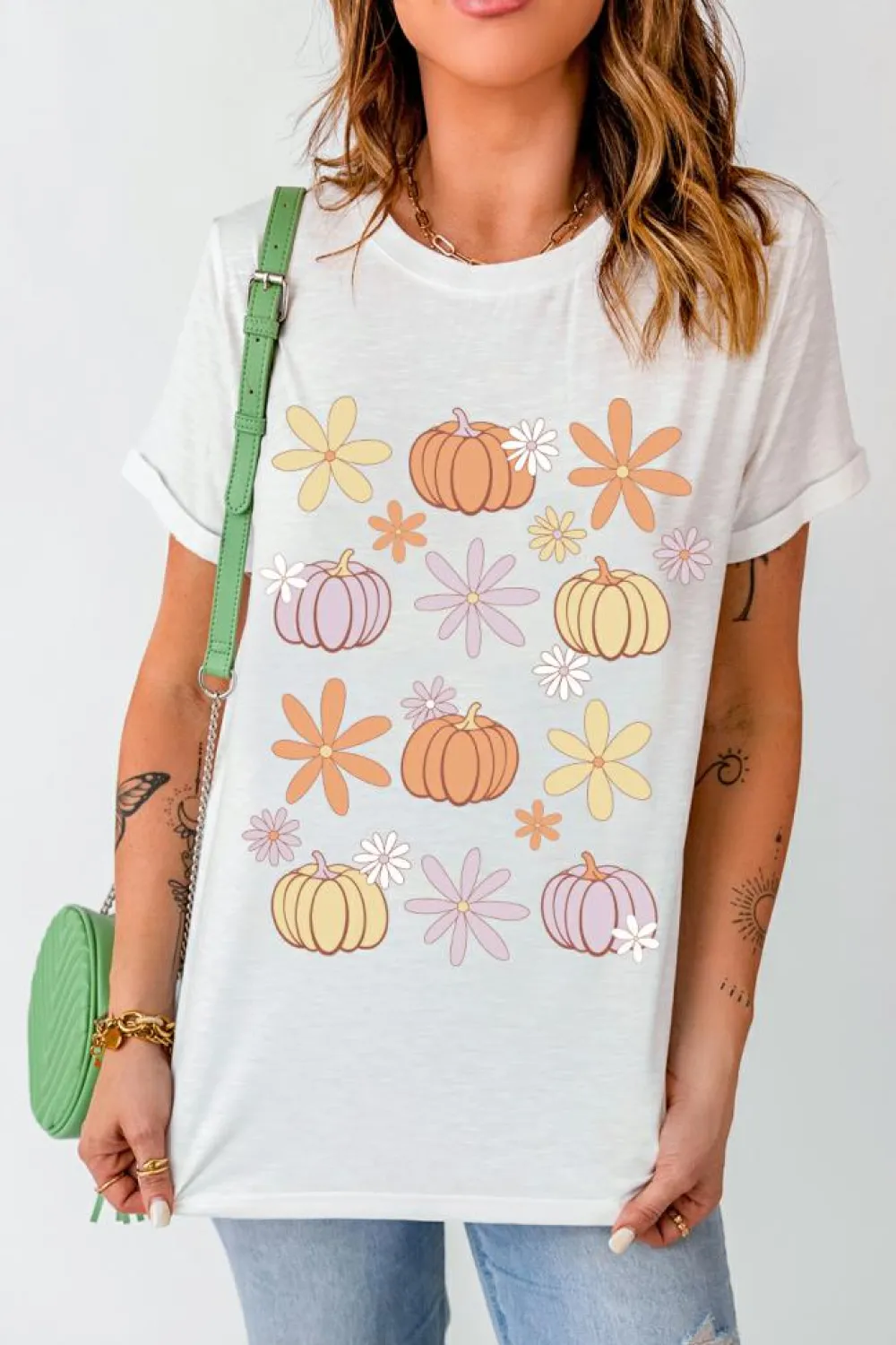 Online Dear-Lover Floral Pumpkin Graphic Crewneck Halloween T Shirt White