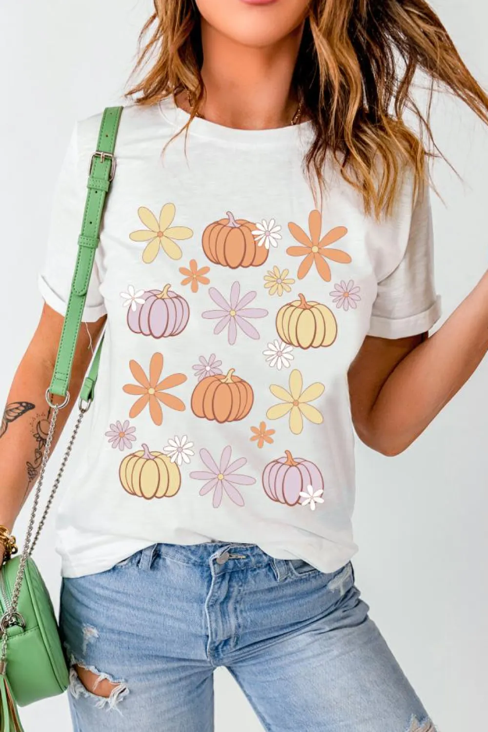Online Dear-Lover Floral Pumpkin Graphic Crewneck Halloween T Shirt White