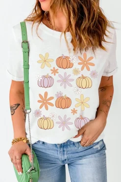 Online Dear-Lover Floral Pumpkin Graphic Crewneck Halloween T Shirt White