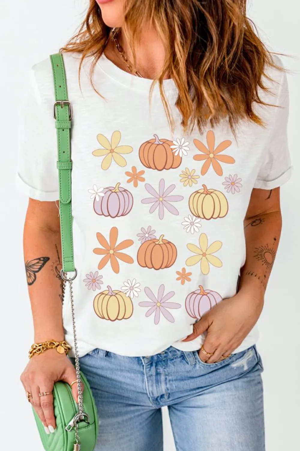 Online Dear-Lover Floral Pumpkin Graphic Crewneck Halloween T Shirt White