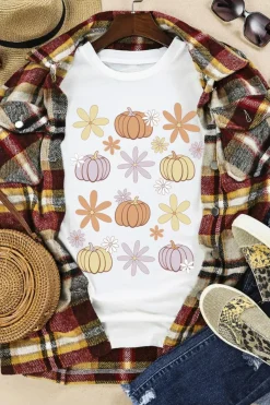 Online Dear-Lover Floral Pumpkin Graphic Crewneck Halloween T Shirt White