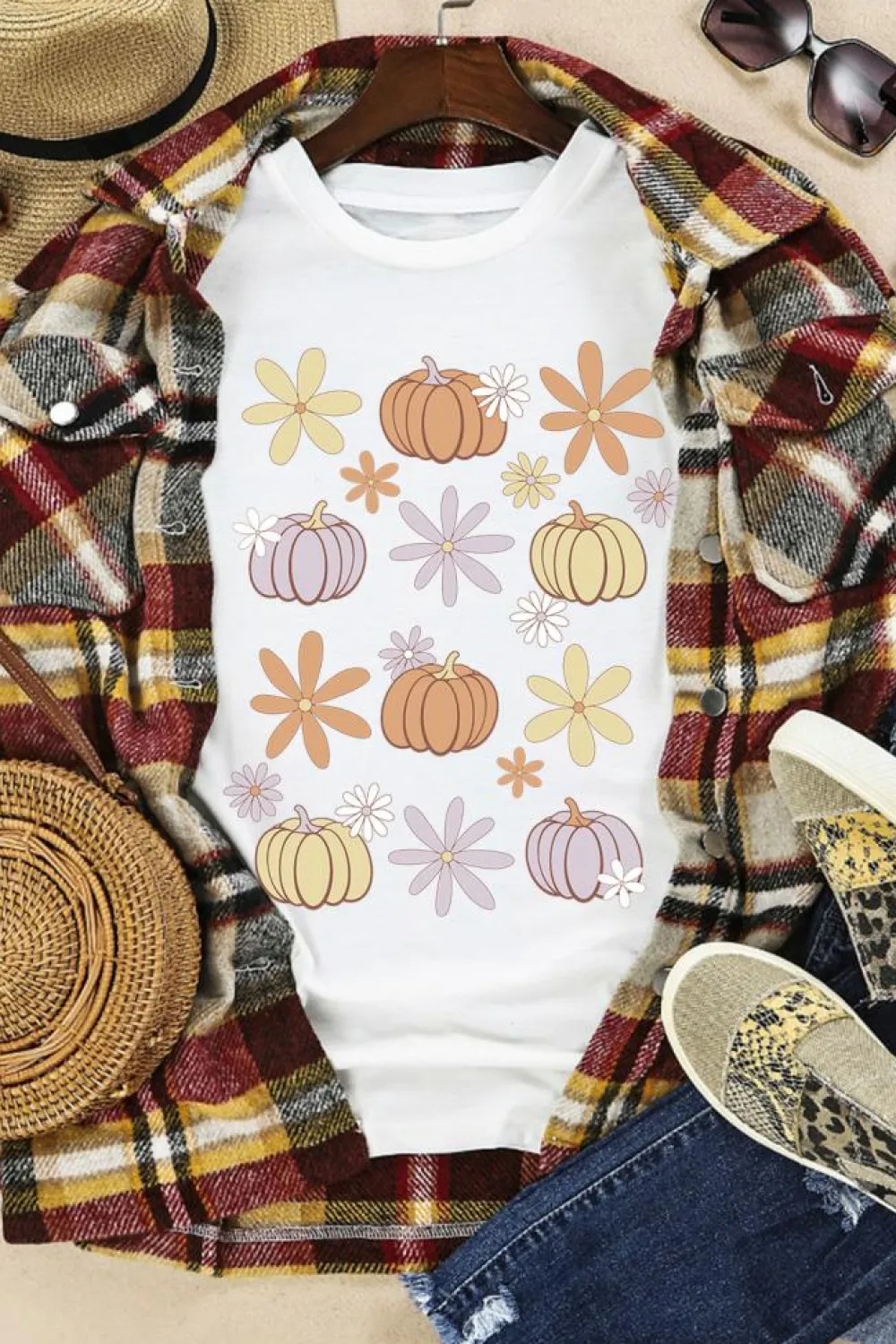 Online Dear-Lover Floral Pumpkin Graphic Crewneck Halloween T Shirt White