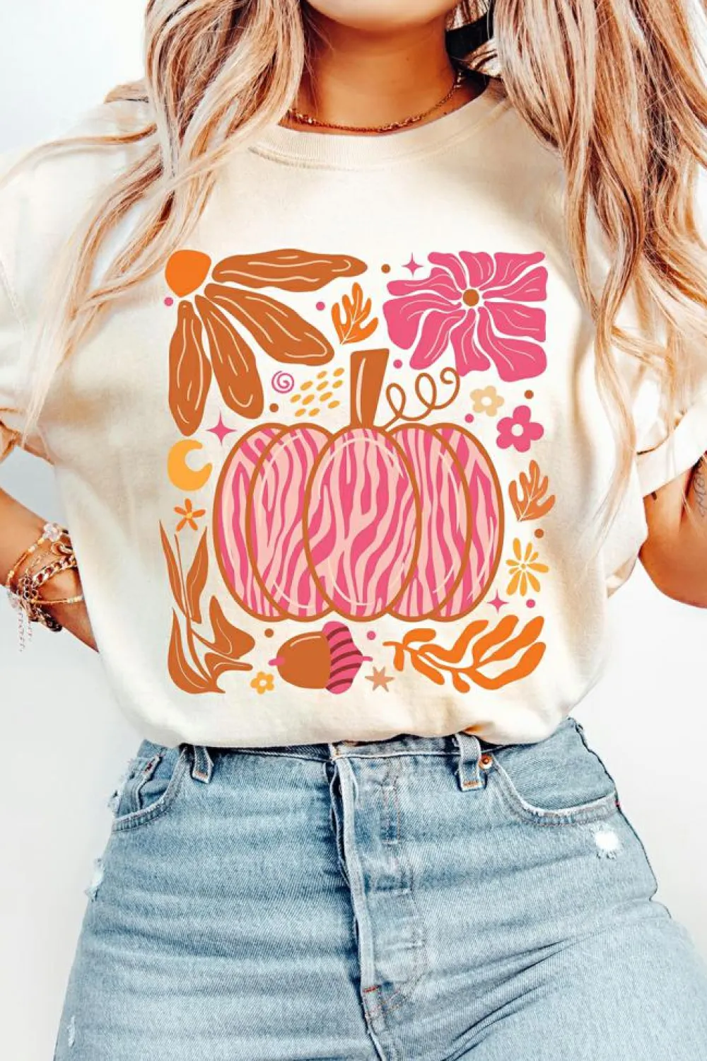Online Dear-Lover Floral Pumpkin Printed Crewneck Thanksgiving T Shirt White