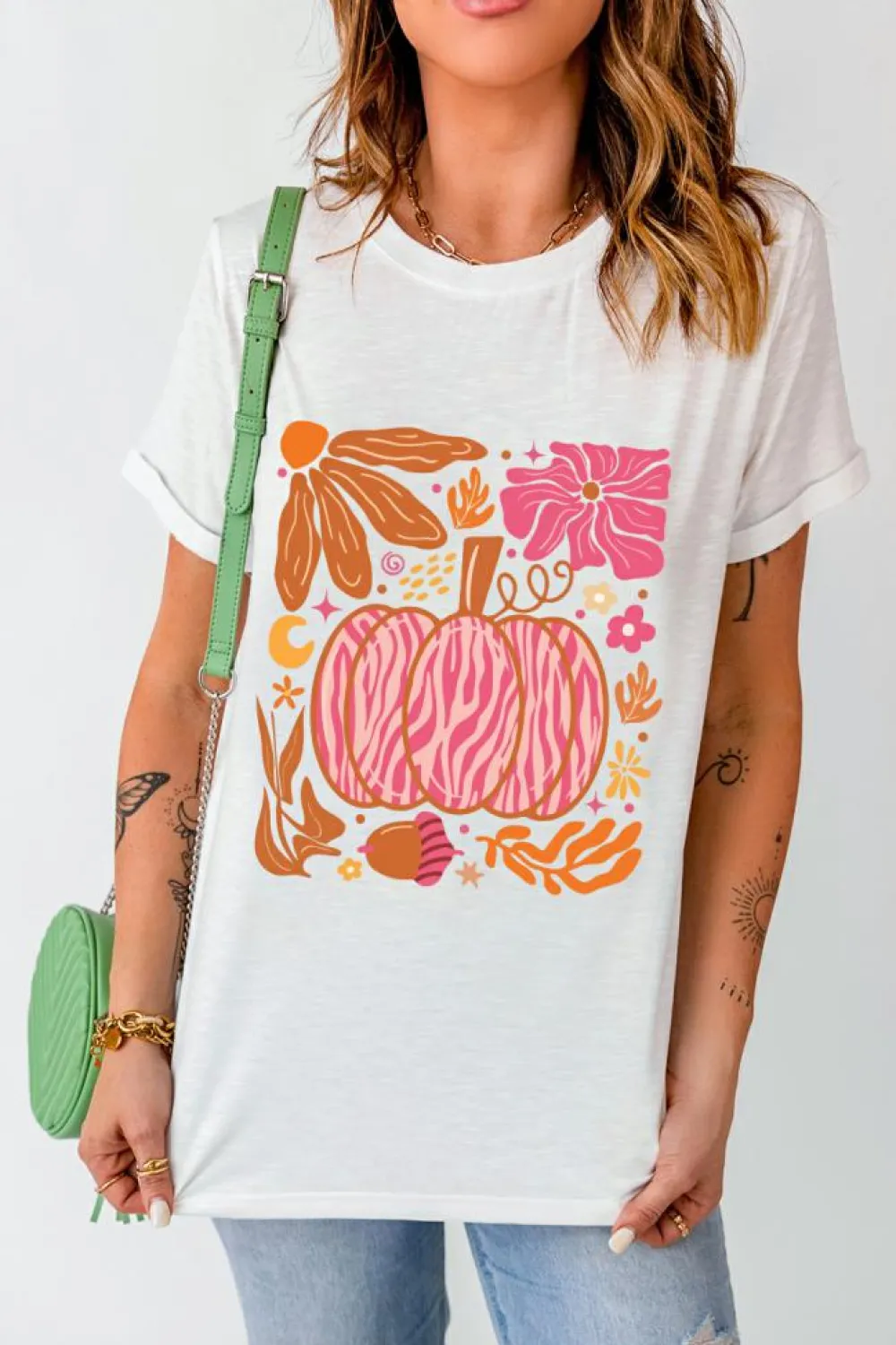 Online Dear-Lover Floral Pumpkin Printed Crewneck Thanksgiving T Shirt White