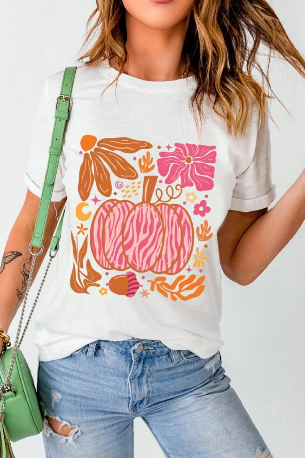 Online Dear-Lover Floral Pumpkin Printed Crewneck Thanksgiving T Shirt White