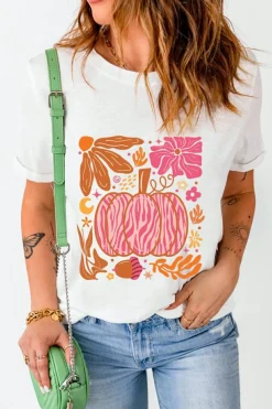 Online Dear-Lover Floral Pumpkin Printed Crewneck Thanksgiving T Shirt White