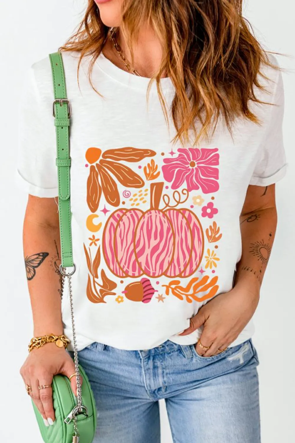Online Dear-Lover Floral Pumpkin Printed Crewneck Thanksgiving T Shirt White