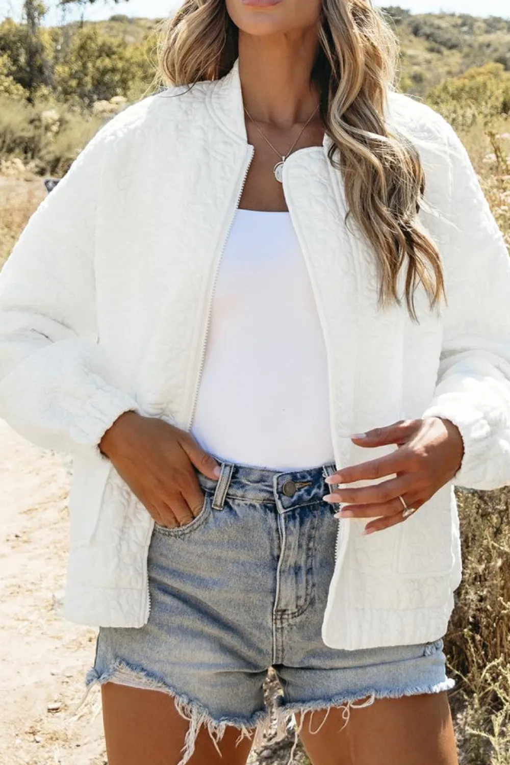 Clearance Dear-Lover Floral Quilted Jacket White
