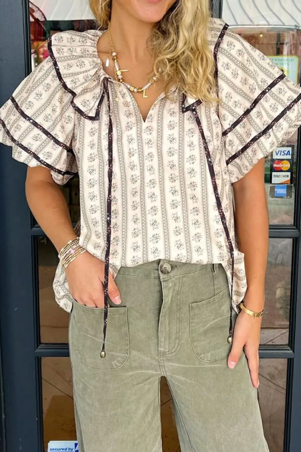 Outlet Dear-Lover Floral Ruffled Collar Short Puff Sleeve Printed Blouse White