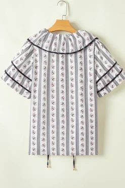 Outlet Dear-Lover Floral Ruffled Collar Short Puff Sleeve Printed Blouse White