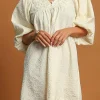Fashion Dear-Lover Floral Textured Bubble Sleeve Frilled Notched Neck Dress White