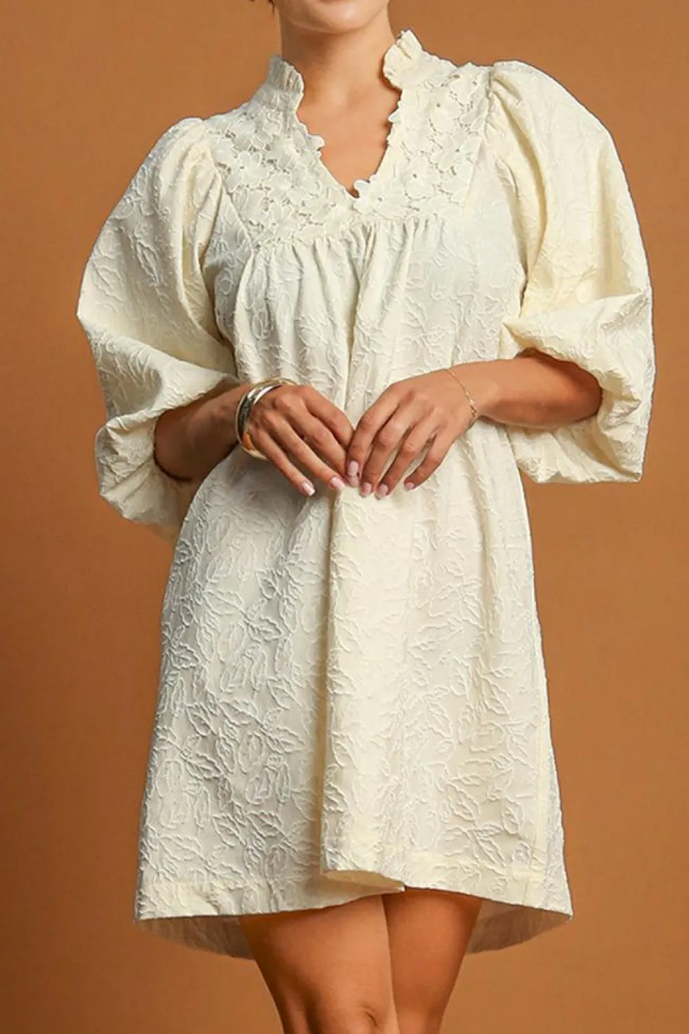 Fashion Dear-Lover Floral Textured Bubble Sleeve Frilled Notched Neck Dress White