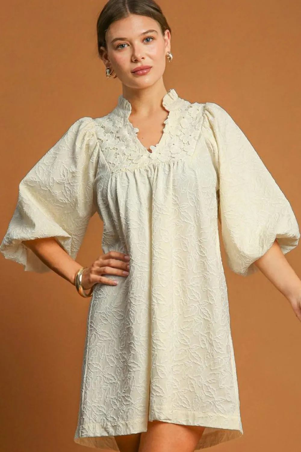 Fashion Dear-Lover Floral Textured Bubble Sleeve Frilled Notched Neck Dress White