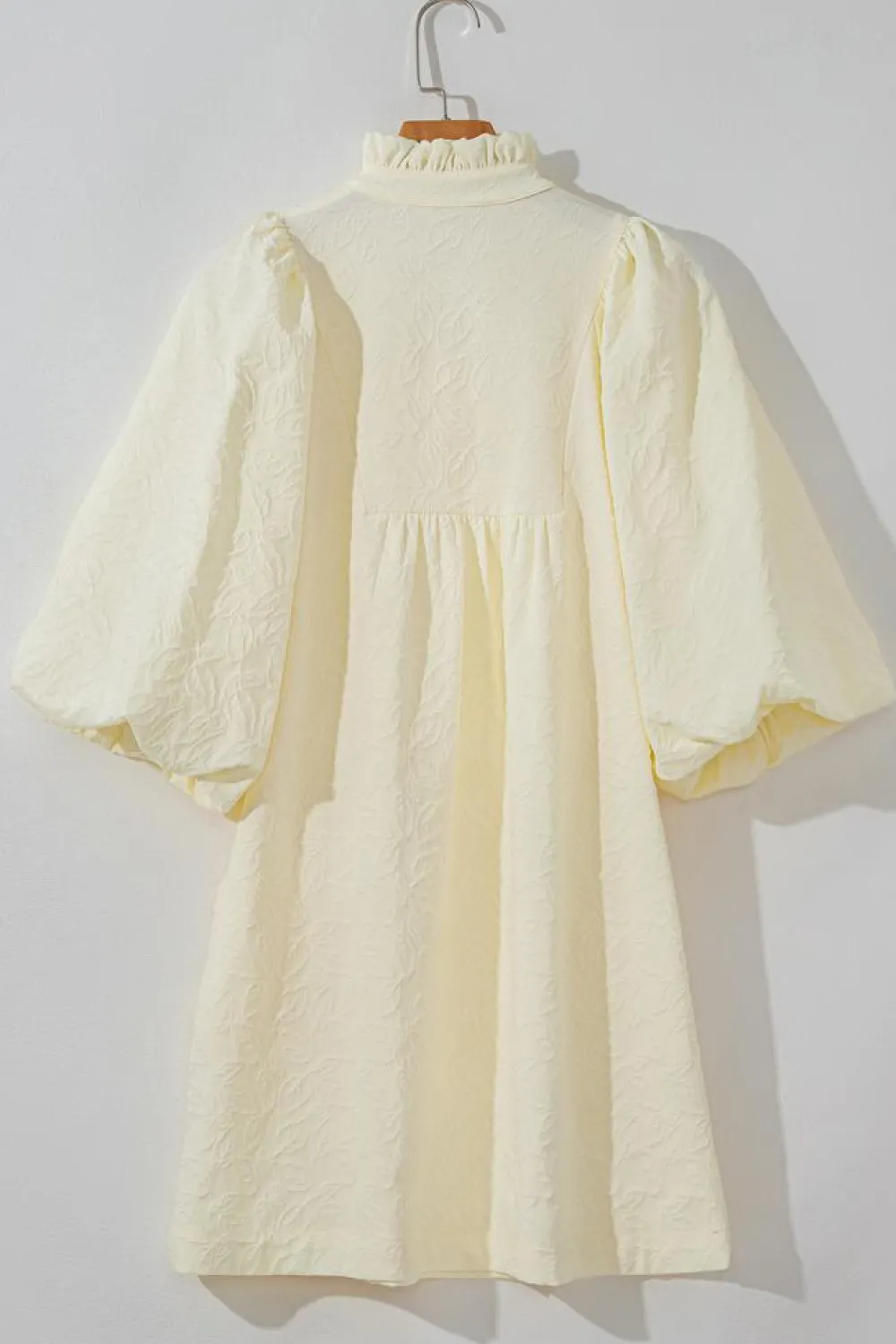 Fashion Dear-Lover Floral Textured Bubble Sleeve Frilled Notched Neck Dress White