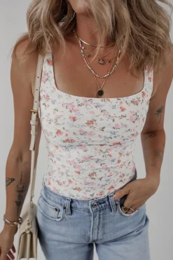Discount Dear-Lover Floral Textured Square Neck Sleeveless Bodysuit White