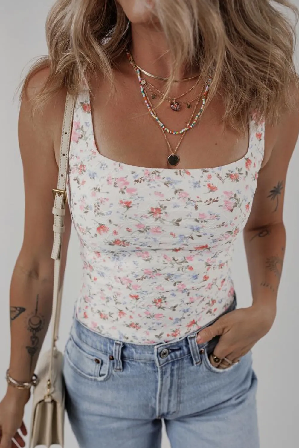 Discount Dear-Lover Floral Textured Square Neck Sleeveless Bodysuit White