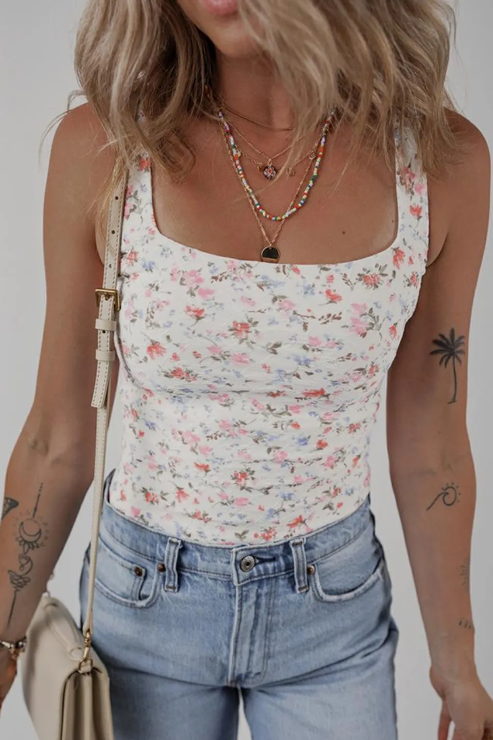 Discount Dear-Lover Floral Textured Square Neck Sleeveless Bodysuit White