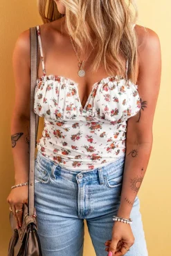 Online Dear-Lover Floral V Cut Frilled Trim Spaghetti Straps Bodysuit White