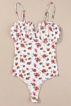 Online Dear-Lover Floral V Cut Frilled Trim Spaghetti Straps Bodysuit White