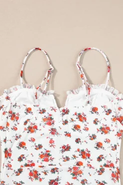 Online Dear-Lover Floral V Cut Frilled Trim Spaghetti Straps Bodysuit White