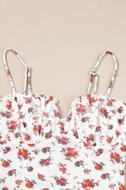 Online Dear-Lover Floral V Cut Frilled Trim Spaghetti Straps Bodysuit White