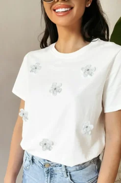 Sale Dear-Lover Flower Applique Round Neck T-shirt White