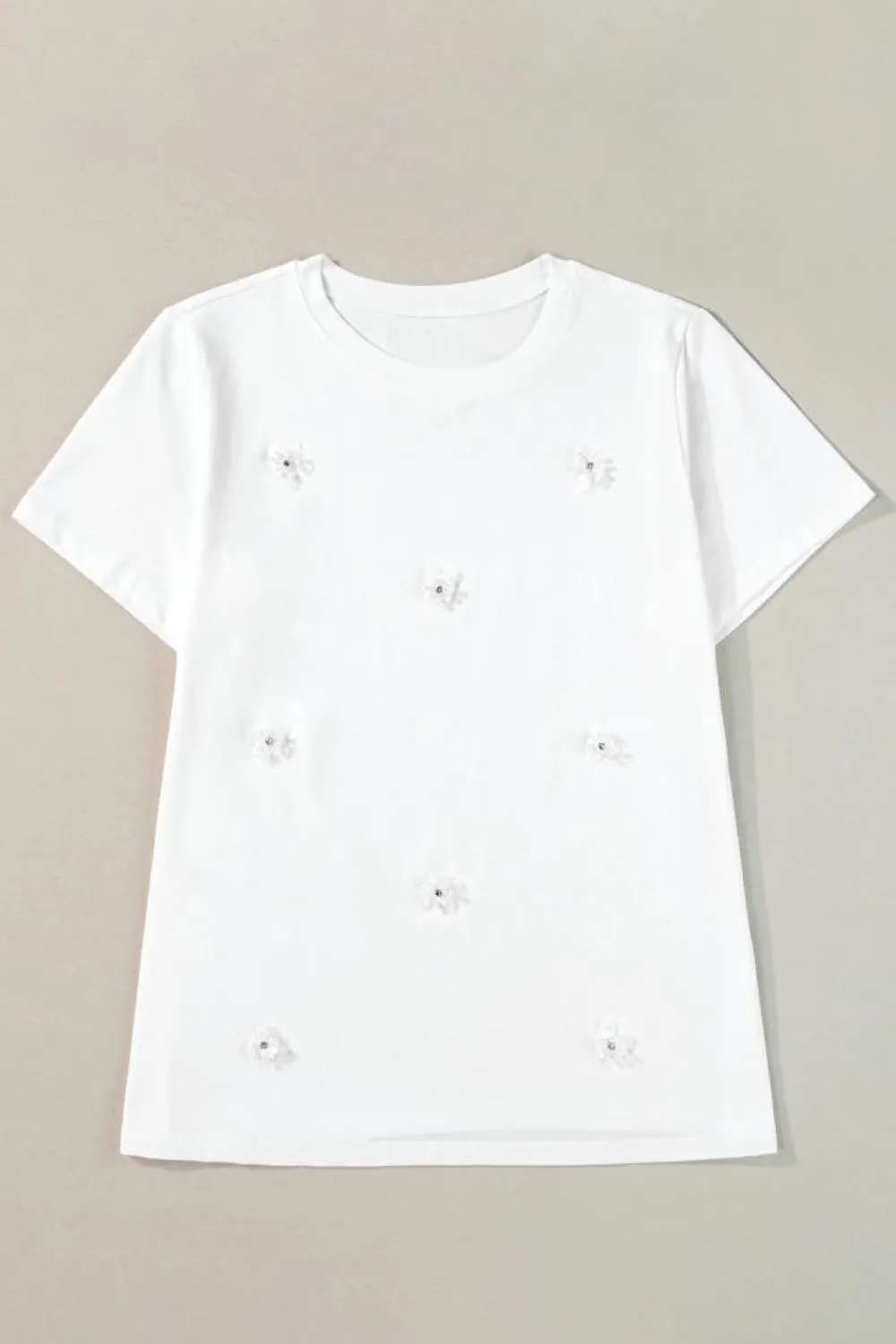 Sale Dear-Lover Flower Applique Round Neck T-shirt White