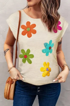 Fashion Dear-Lover Flower Crochet Round Neck Knitted Top White