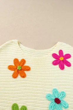 Fashion Dear-Lover Flower Crochet Round Neck Knitted Top White