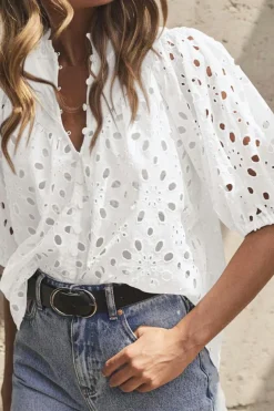 Fashion Dear-Lover Flower Embroidered Hollow-out Puff Sleeve Blouse White